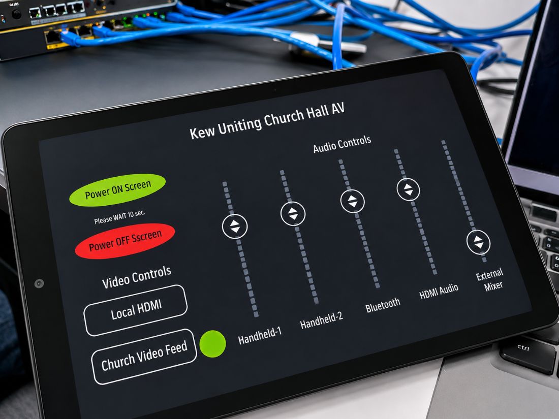 Tablet touch-control panel for a church hall AV system